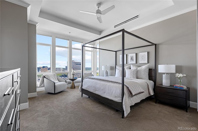 carpeted bedroom with expansive windows, a raised ceiling, ceiling fan, and crown molding