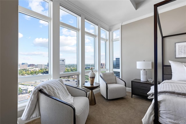 bedroom featuring multiple windows and ornamental molding