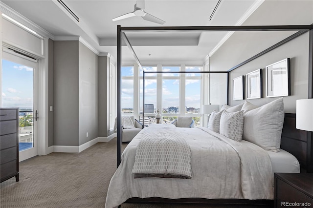 carpeted bedroom featuring access to outside, multiple windows, ornamental molding, and ceiling fan