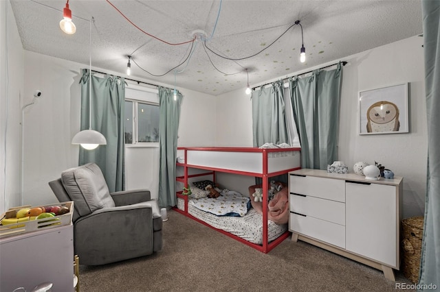 carpeted bedroom with a textured ceiling