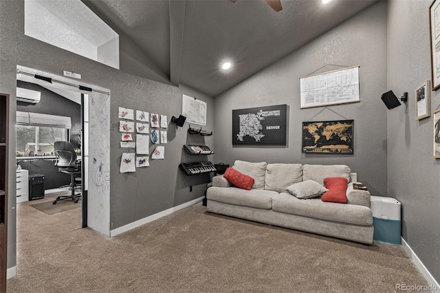 carpeted living room featuring a wall unit AC and lofted ceiling