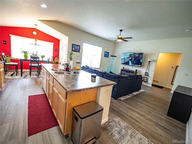 8809 15th Street Rd, Greeley, CO 80634 - kitchen with a sink, wood finished floors, lofted ceiling, a ceiling fan, and a kitchen island with sink
