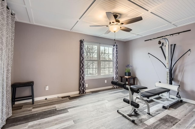 workout area featuring hardwood / wood-style floors and ceiling fan