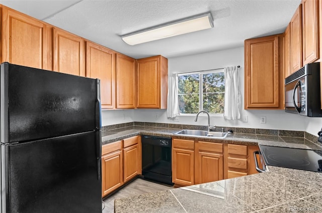 kitchen with light hardwood / wood-style floors, sink, a textured ceiling, and black appliances