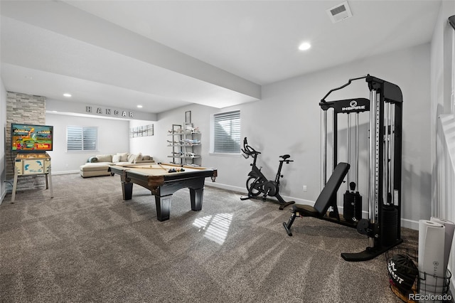 game room with plenty of natural light, carpet, and billiards