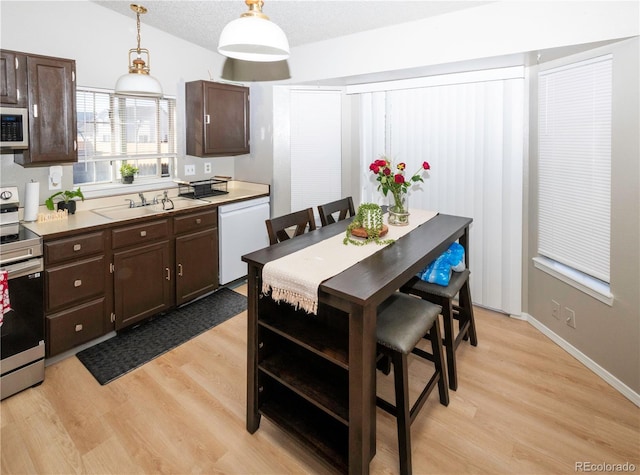 kitchen featuring dark brown cabinetry, appliances with stainless steel finishes, light wood-style floors, and a sink