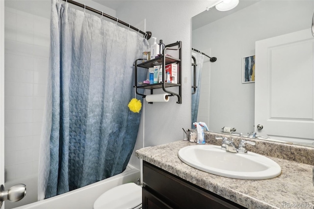 full bathroom with toilet, shower / bathtub combination with curtain, and vanity