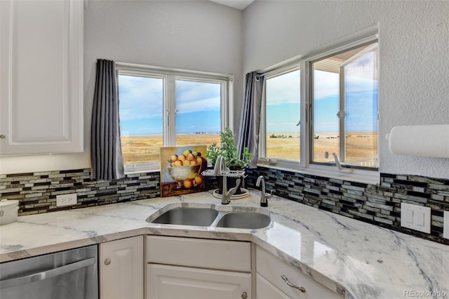 kitchen featuring white cabinets, decorative backsplash, stainless steel dishwasher, and sink