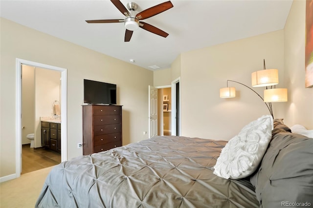 26143 E Fremont Pl, Aurora, CO 80016 - bedroom featuring carpet flooring, connected bathroom, a ceiling fan, and bar
