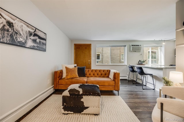 1349 Race St Unit 5, Denver, CO 80206 - living area with a baseboard radiator, wood finished floors, baseboards, and an AC wall unit