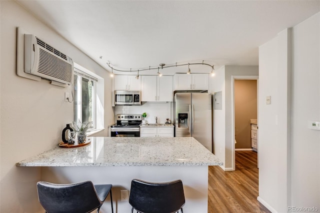 1349 Race St Unit 5, Denver, CO 80206 - kitchen with appliances with stainless steel finishes, a peninsula, light wood-style floors, a wall unit AC, and a kitchen bar