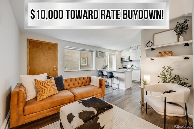 1349 Race St Unit 5, Denver, CO 80206 - living area featuring wood finished floors, a wall mounted AC, and a baseboard heating unit