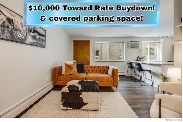 1349 Race St Unit 5, Denver, CO 80206 - living room featuring a baseboard radiator, wood finished floors, a baseboard heating unit, and an AC wall unit