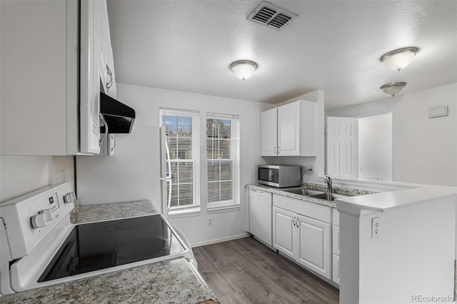 kitchen featuring exhaust hood, visible vents, dark wood finished floors, a sink, and white appliances