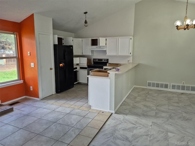 16094 E Exposition Dr, Aurora, CO 80017 - kitchen with black fridge with ice dispenser, under cabinet range hood, vaulted ceiling, a peninsula, and stainless steel electric range