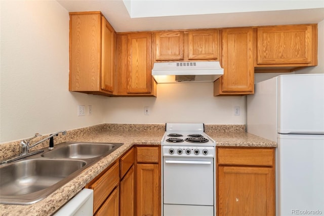 2850 Aurora Ave Unit 112, Boulder, CO 80303 - kitchen featuring white appliances, under cabinet range hood, a sink, light countertops, and brown cabinets