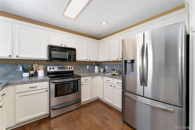 12814 Forest Cir, Thornton, CO 80241 - kitchen featuring stainless steel appliances, dark wood-type flooring, white cabinets, and recessed lighting