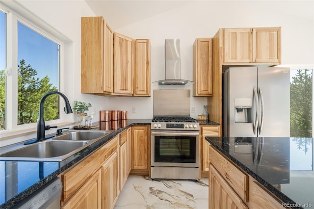 kitchen with sink, vaulted ceiling, wall chimney exhaust hood, appliances with stainless steel finishes, and light brown cabinetry