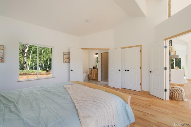 bedroom with vaulted ceiling, hardwood / wood-style floors, and a closet