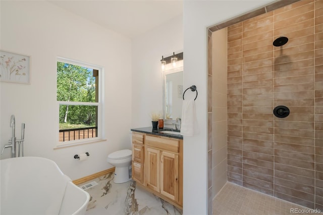 full bathroom featuring vanity, toilet, and plus walk in shower