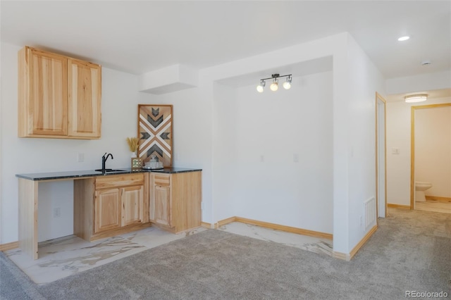 kitchen with light brown cabinets, sink, and light colored carpet