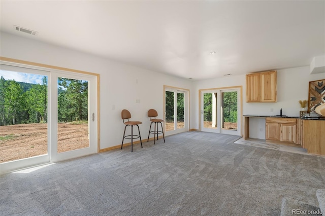 unfurnished living room featuring light carpet and a wealth of natural light