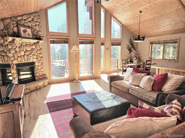 living area with wooden ceiling, a fireplace, high vaulted ceiling, and hardwood / wood-style floors