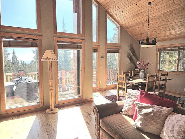 living room with high vaulted ceiling, wood ceiling, visible vents, and hardwood / wood-style floors