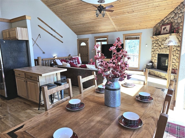 dining area featuring lofted ceiling, wood ceiling, and wood finished floors