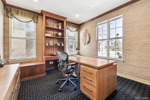 office area featuring baseboards, recessed lighting, dark carpet, and crown molding