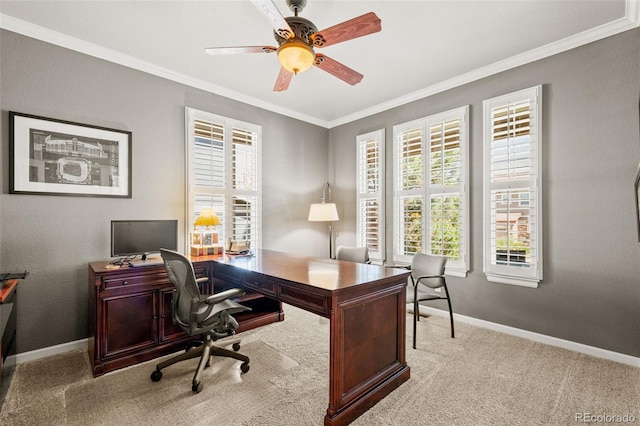 3188 Lynwood Ave, Highlands Ranch, CO 80126 - office area with crown molding, a ceiling fan, carpet, and baseboards
