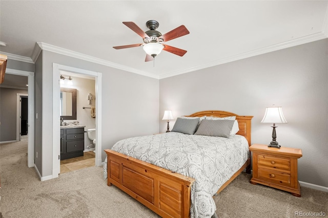 3188 Lynwood Ave, Highlands Ranch, CO 80126 - bedroom with ensuite bathroom, baseboards, ornamental molding, and light carpet