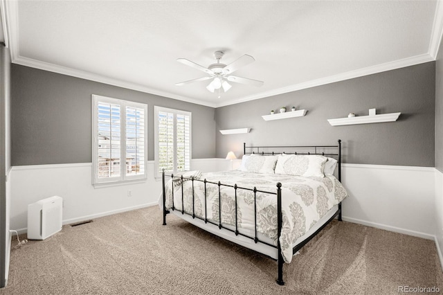 3188 Lynwood Ave, Highlands Ranch, CO 80126 - carpeted bedroom featuring crown molding, baseboards, visible vents, and ceiling fan