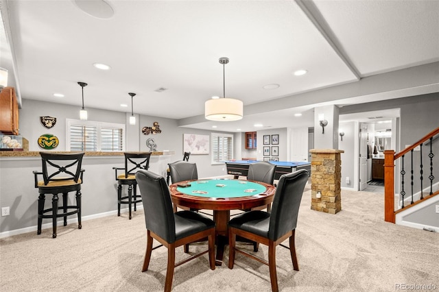 3188 Lynwood Ave, Highlands Ranch, CO 80126 - playroom with bar, billiards, baseboards, light carpet, and recessed lighting