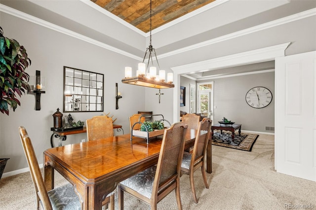 3188 Lynwood Ave, Highlands Ranch, CO 80126 - dining space with wooden ceiling, visible vents, baseboards, and light colored carpet