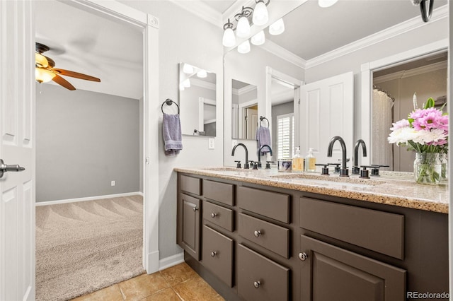 3188 Lynwood Ave, Highlands Ranch, CO 80126 - bathroom with double vanity, a ceiling fan, crown molding, and a sink