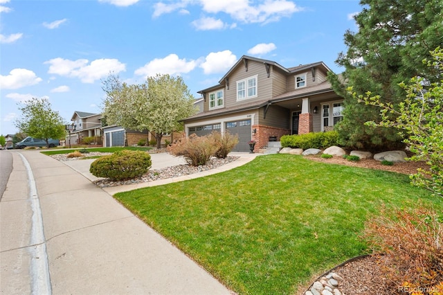 3188 Lynwood Ave, Highlands Ranch, CO 80126 - craftsman-style house featuring concrete driveway, brick siding, a front lawn, and a garage