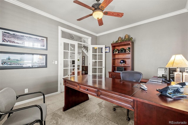 3188 Lynwood Ave, Highlands Ranch, CO 80126 - carpeted home office featuring crown molding, baseboards, a ceiling fan, and french doors