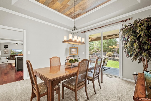 3188 Lynwood Ave, Highlands Ranch, CO 80126 - carpeted dining area featuring ceiling fan, ornamental molding, wood ceiling, and a raised ceiling