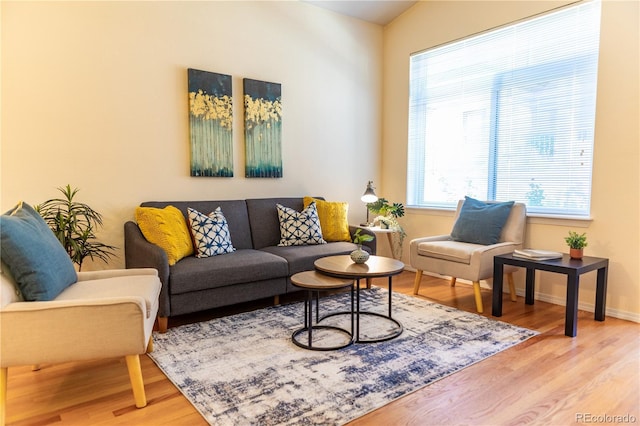 living room featuring light hardwood / wood-style floors and vaulted ceiling