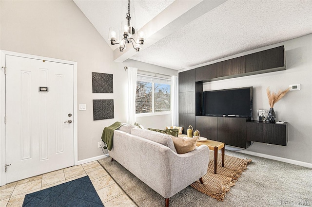 living room featuring an inviting chandelier, light tile patterned floors, a textured ceiling, and vaulted ceiling