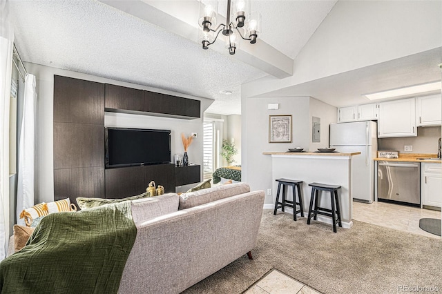 living room featuring sink, a notable chandelier, vaulted ceiling, a textured ceiling, and light carpet