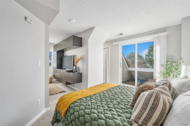 carpeted bedroom featuring access to exterior, a textured ceiling, and a closet