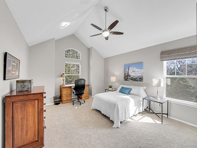 8312 S Peninsula Dr, Littleton, CO 80120 - bedroom featuring light carpet, an office area, multiple windows, baseboards, and high vaulted ceiling