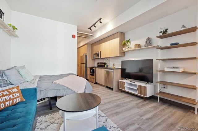 bedroom featuring light hardwood / wood-style flooring, stainless steel fridge, and track lighting