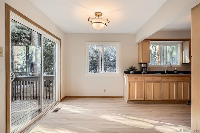 interior space with baseboards, visible vents, dark countertops, light wood-style flooring, and a sink