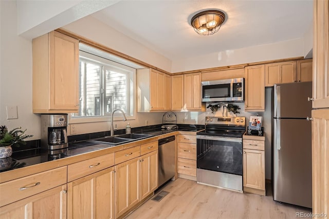 kitchen with light brown cabinetry and appliances with stainless steel finishes