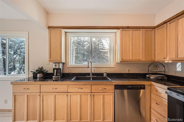 kitchen with a sink, a wealth of natural light, stainless steel dishwasher, and light brown cabinetry