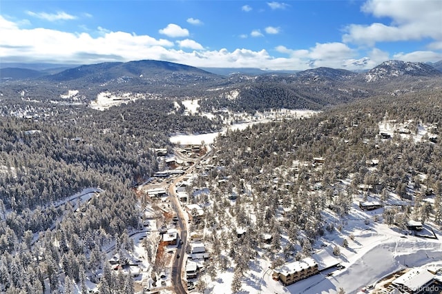 snowy aerial view with a mountain view