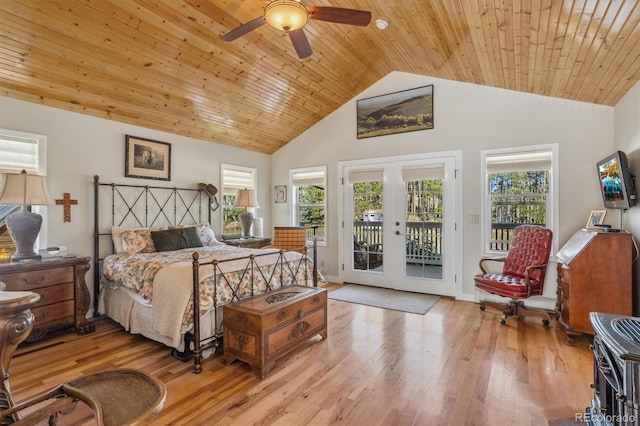 bedroom featuring french doors, access to outside, high vaulted ceiling, light hardwood / wood-style floors, and ceiling fan